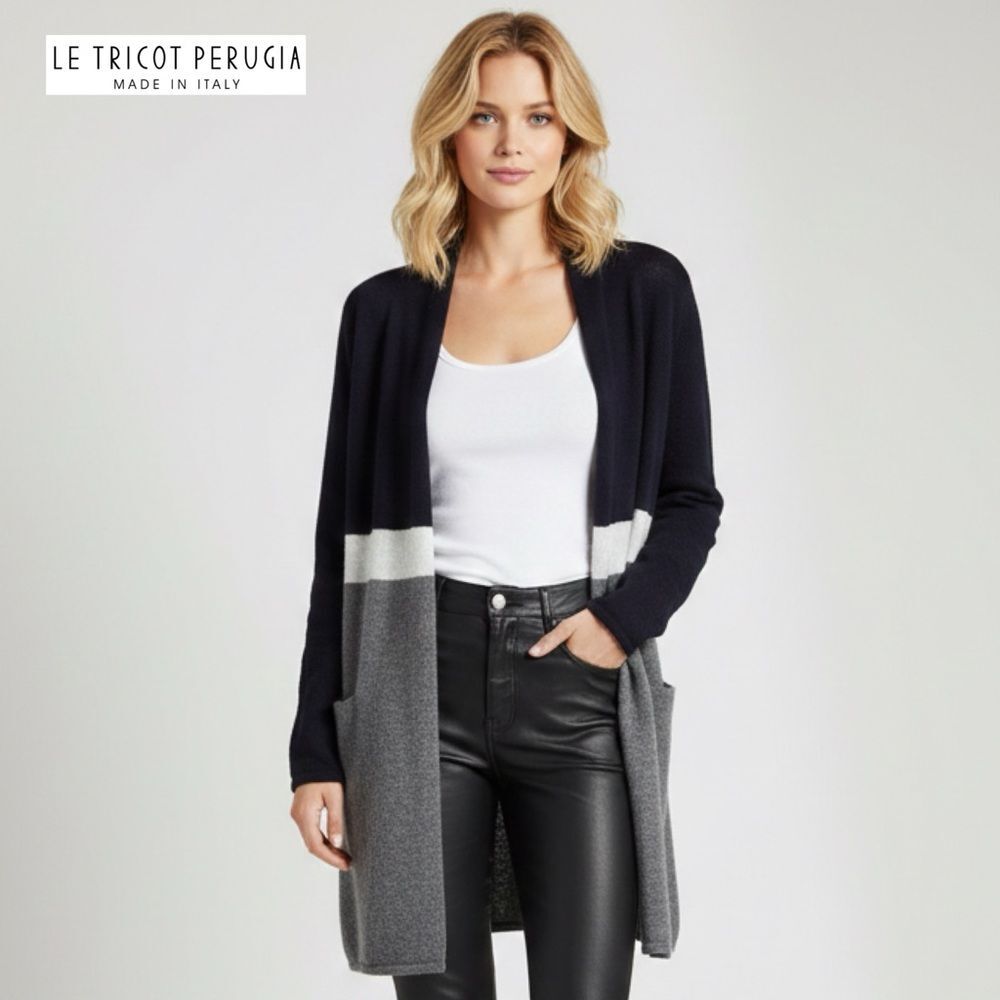 LE TRICOT PERUGIA 100% Cashmere Color Block Open Front Cardigan S Quiet Luxury